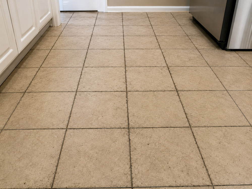 Uneven, discolored kitchen floor grout before color sealing in Longwood, FL